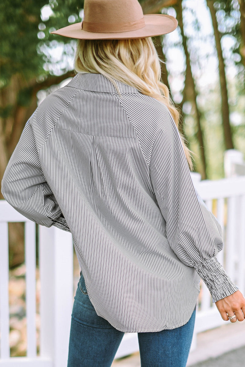 Skye Smocked Cuffed Striped Boyfriend Shirt with Pocket
