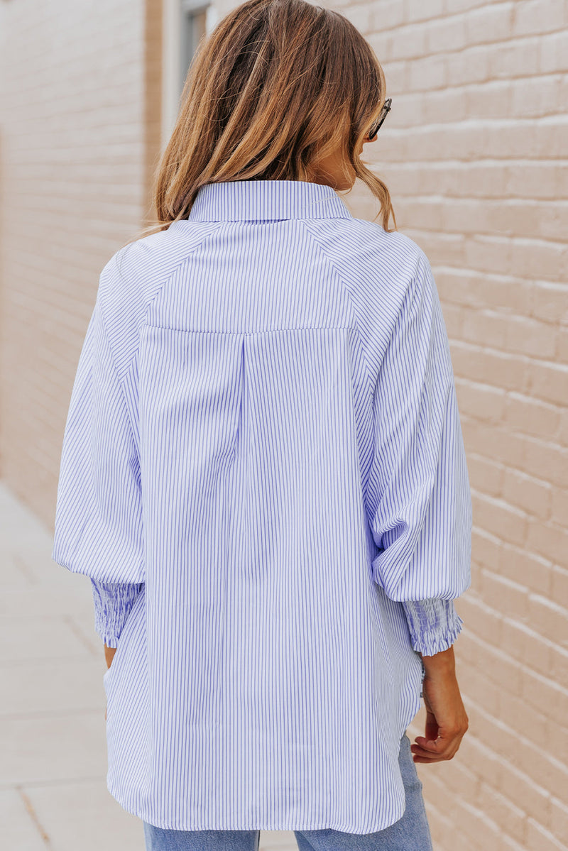 Skye Smocked Cuffed Striped Boyfriend Shirt with Pocket