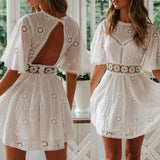 Backless Dress Short Sleeve Mini Cocktail Sundress Cotton+Lace Lady Casual Women Summer Dresses Sweet Cute Fashion
