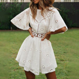 Backless Dress Short Sleeve Mini Cocktail Sundress Cotton+Lace Lady Casual Women Summer Dresses Sweet Cute Fashion