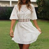 Backless Dress Short Sleeve Mini Cocktail Sundress Cotton+Lace Lady Casual Women Summer Dresses Sweet Cute Fashion